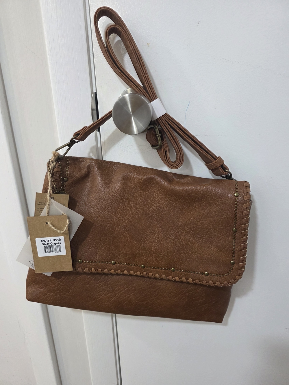 Cognac Fold-Over Crossbody Bag with Whipstitch Trim